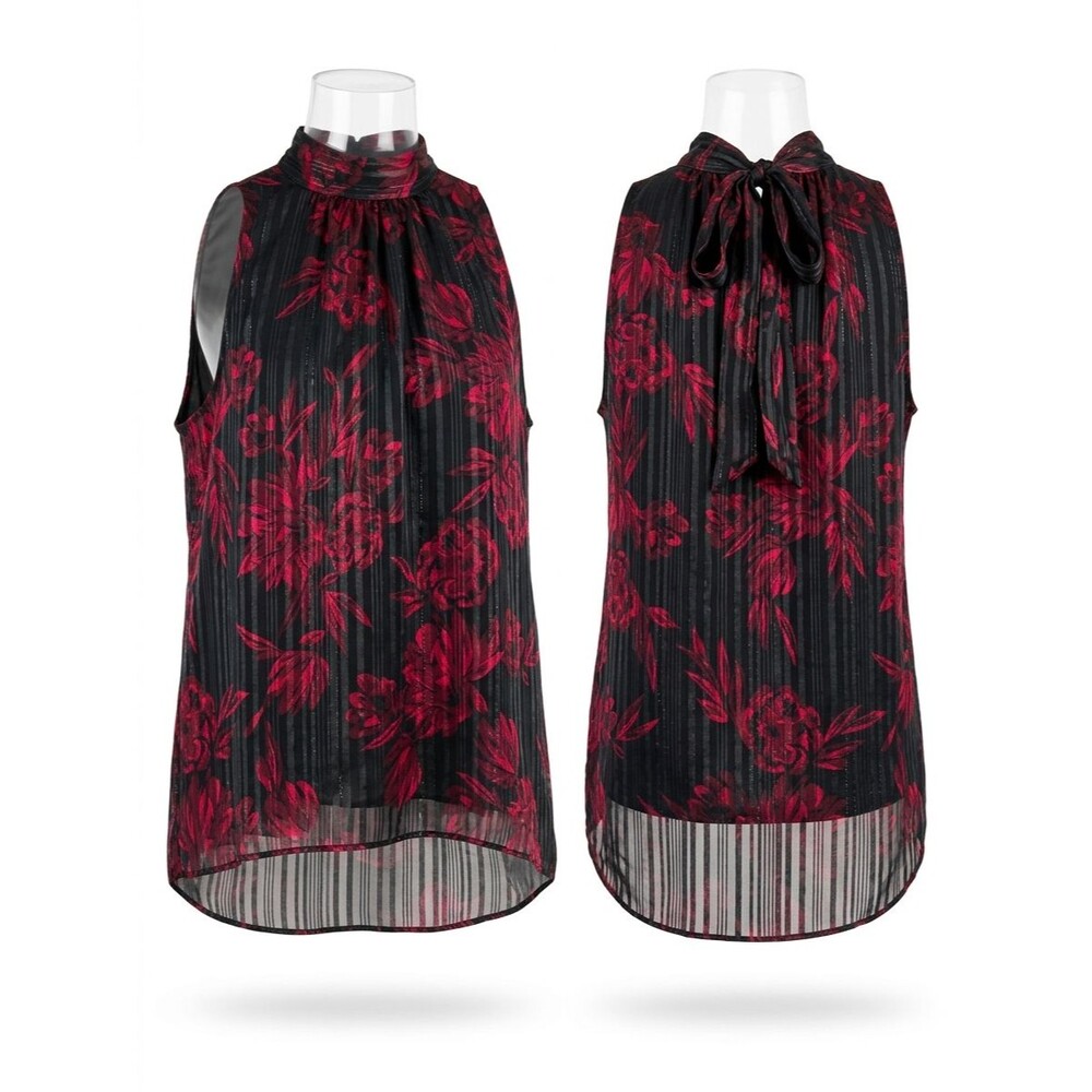 White House Black Market Halter Top L Black Red Floral Metallic Tie Back Hi-Low